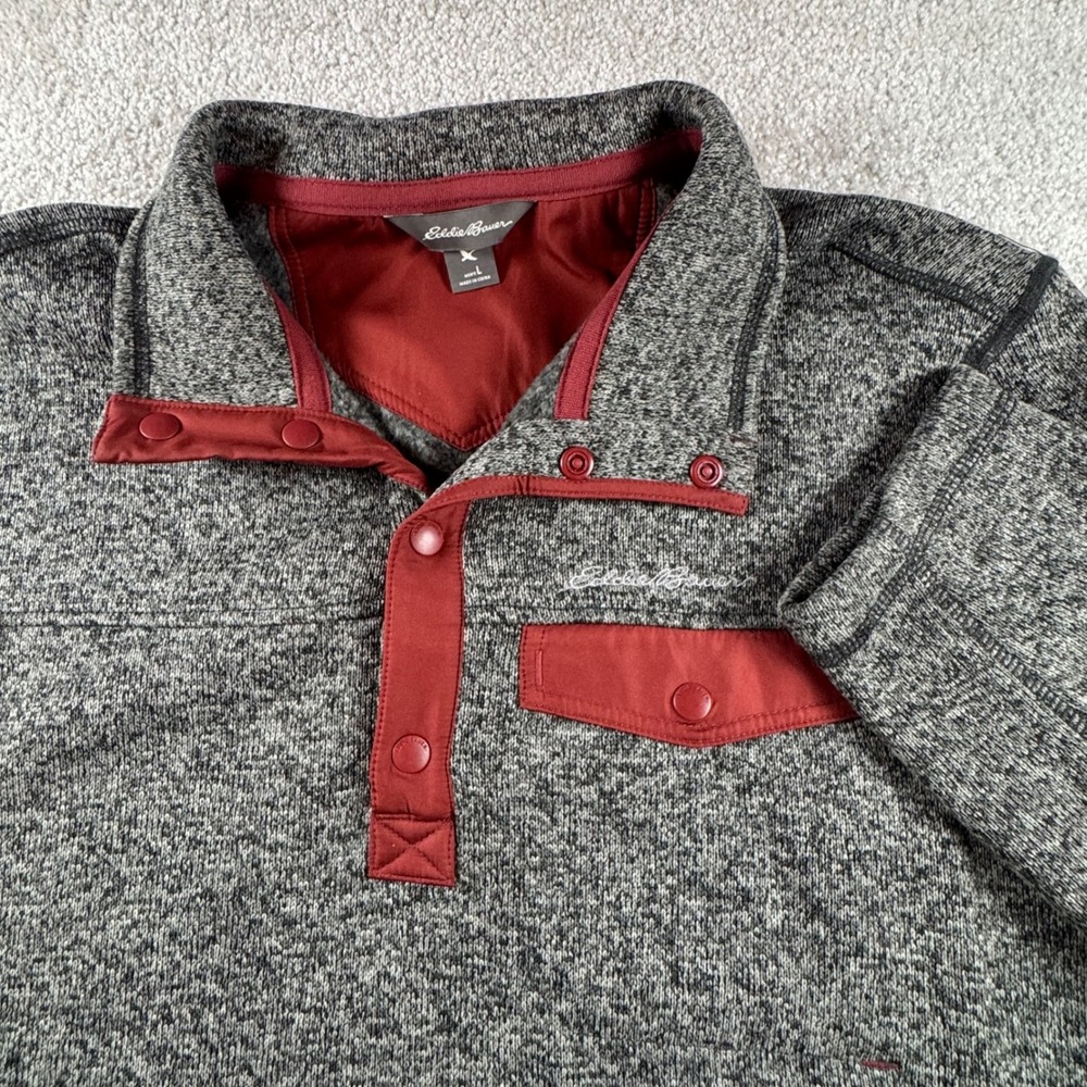 Eddie Bauer Mens Large Gray Marled Fleece Quarter Snap Pullover Sweater Jacket